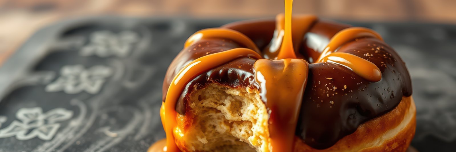 Delicious donut topped with chocolate and caramel drizzles placed on a decorative plate